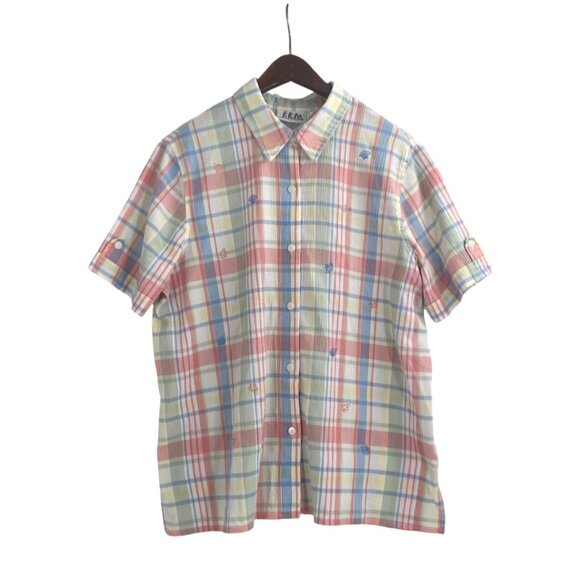 Alfred Dunner Womens 16 Button-Up Plaid Shirt Pastel Embroidered Grandmacore - Picture 1 of 6